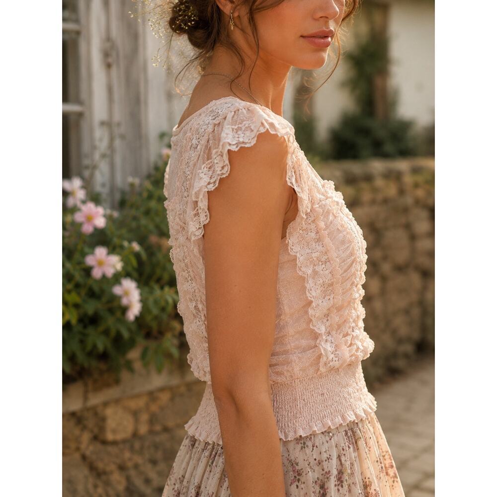 Free People Blush Lace Tank Top S Sheer Romantic Boho Cottagecore Smocked Hem - Picture 2 of 13